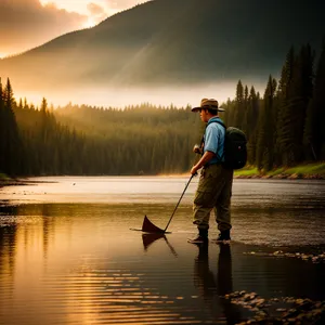 Reel Reflections: Serene Fisherman on Sunset Lake