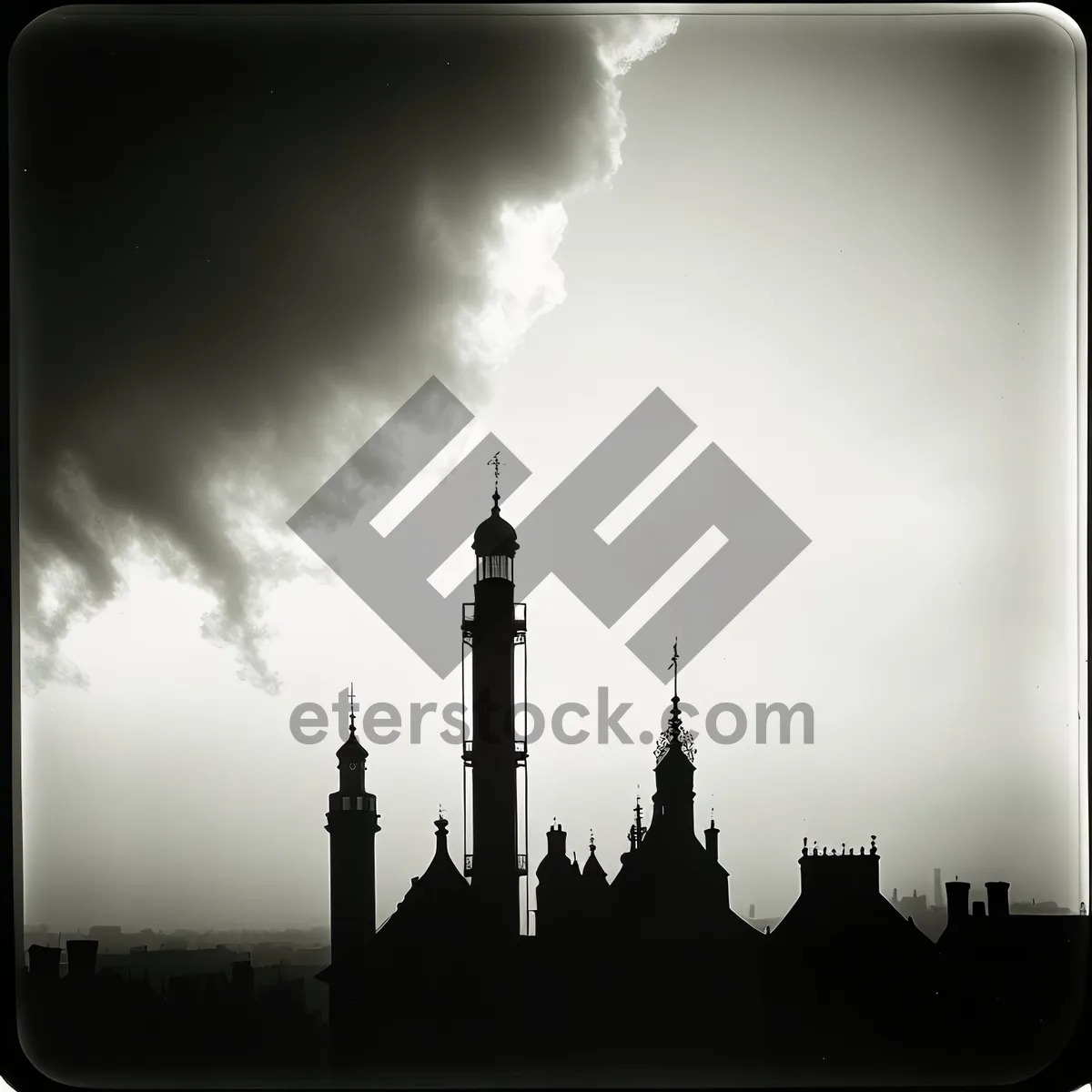 Picture of Sunset silhouette of magnificent mosque with towering minarets.