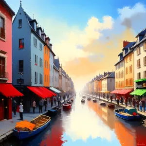 Old City Skyline with River and Boats