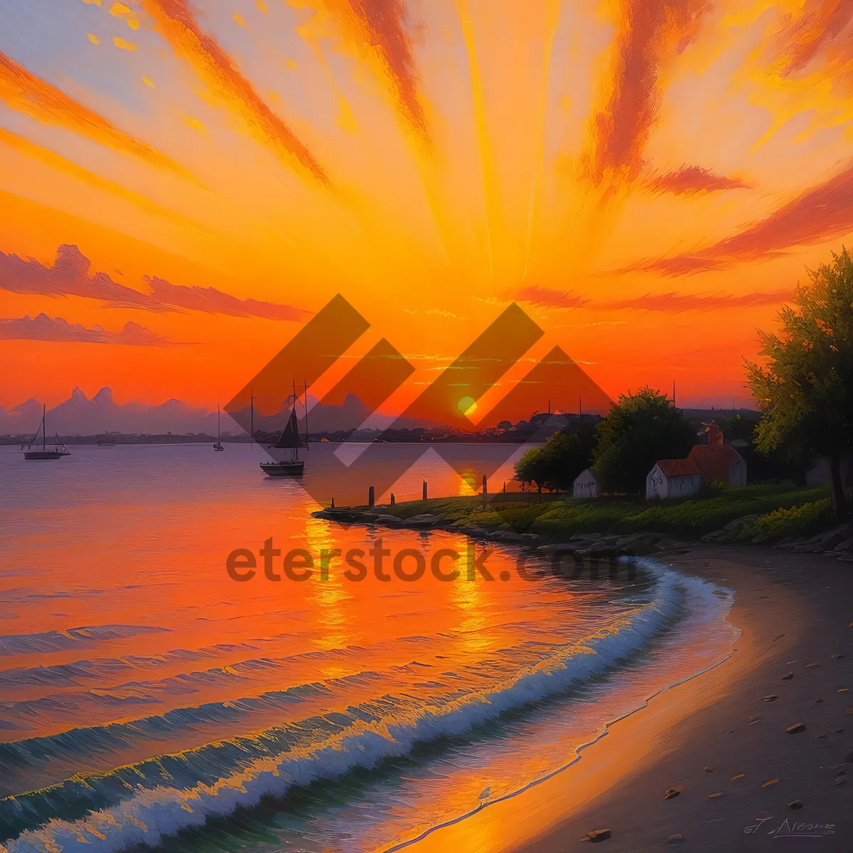 Picture of Tropical sunset silhouette over palm tree reflected on water.