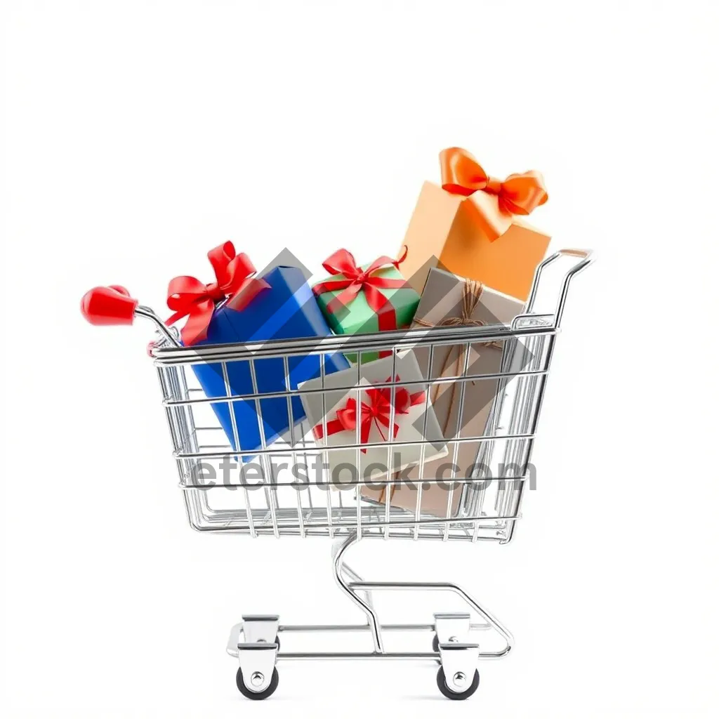 Picture of Empty 3D supermarket shopping cart with metal wheels