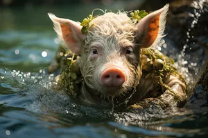 Cute pink piglet on rural farm grazing on grass.