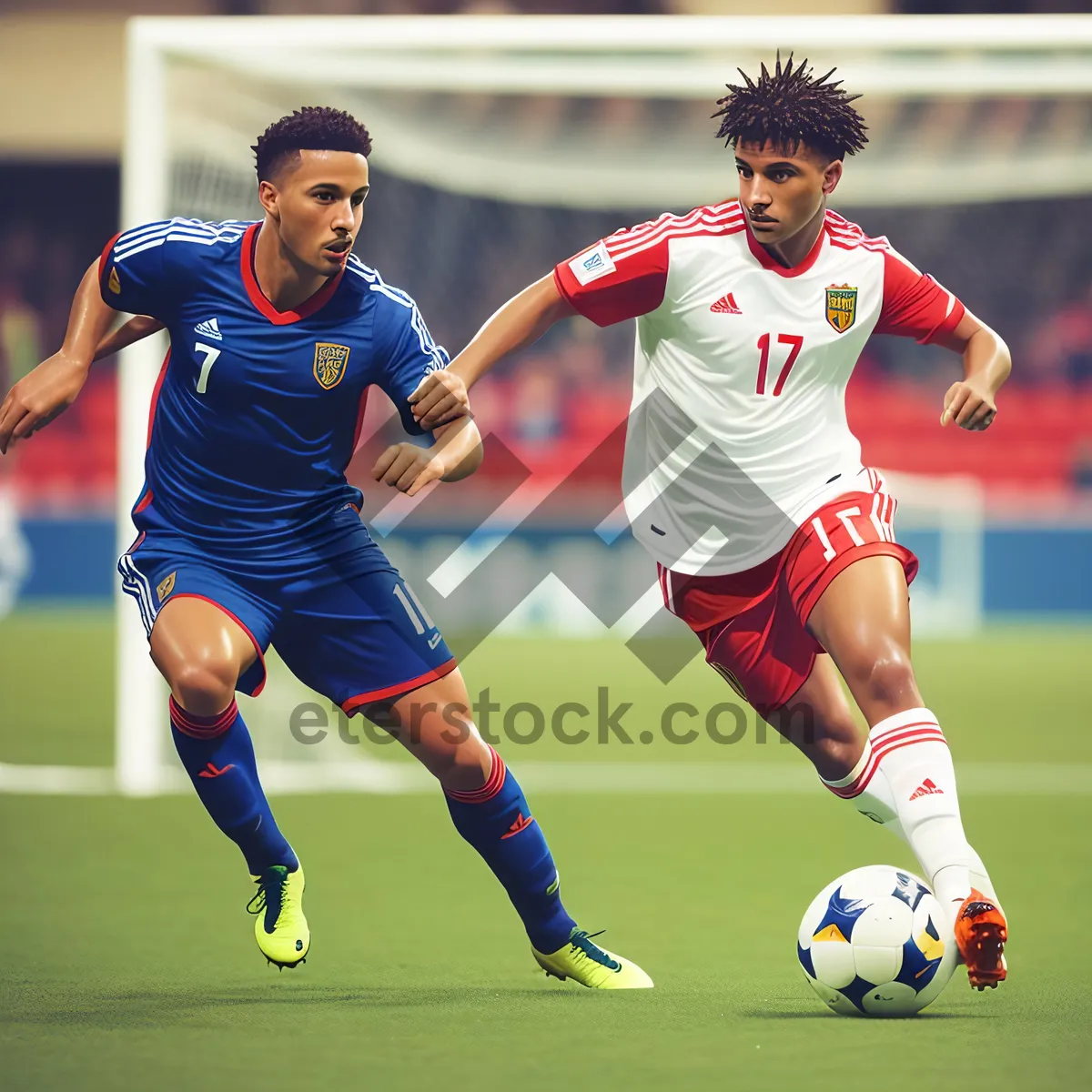 Picture of Men playing soccer in a grass field stadium.