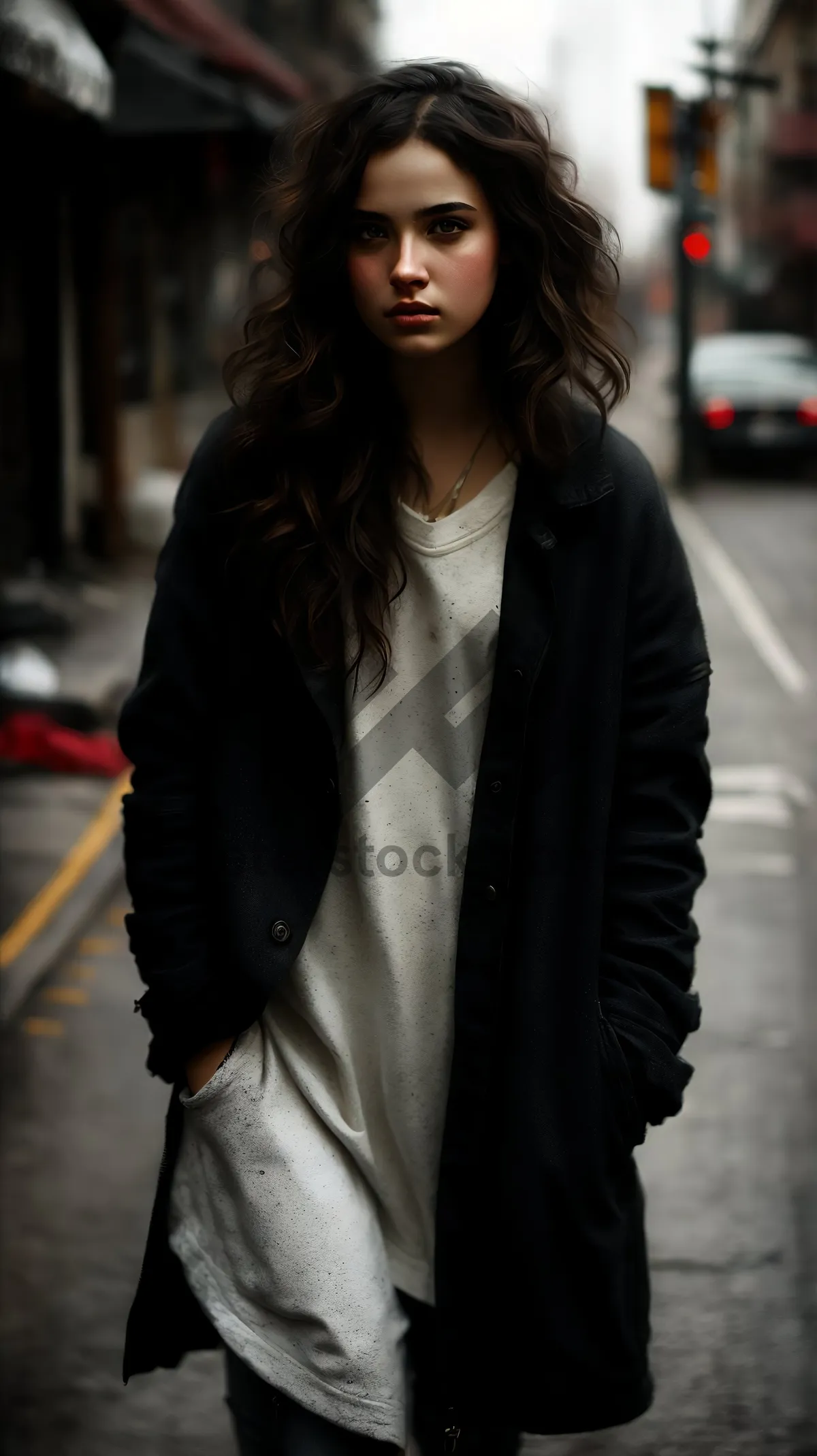 Picture of Stylish brunette businesswoman in black trench coat smiling