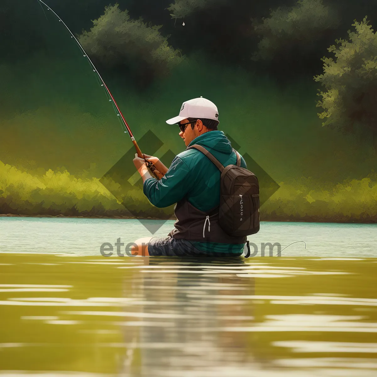 Picture of Man Fishing in Summer at Lake