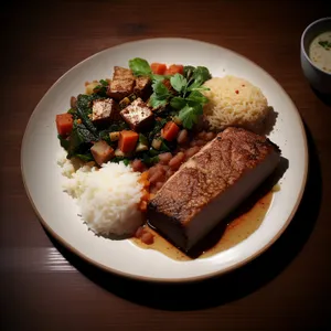 Delicious Grilled Steak with Roasted Vegetables and Sauce