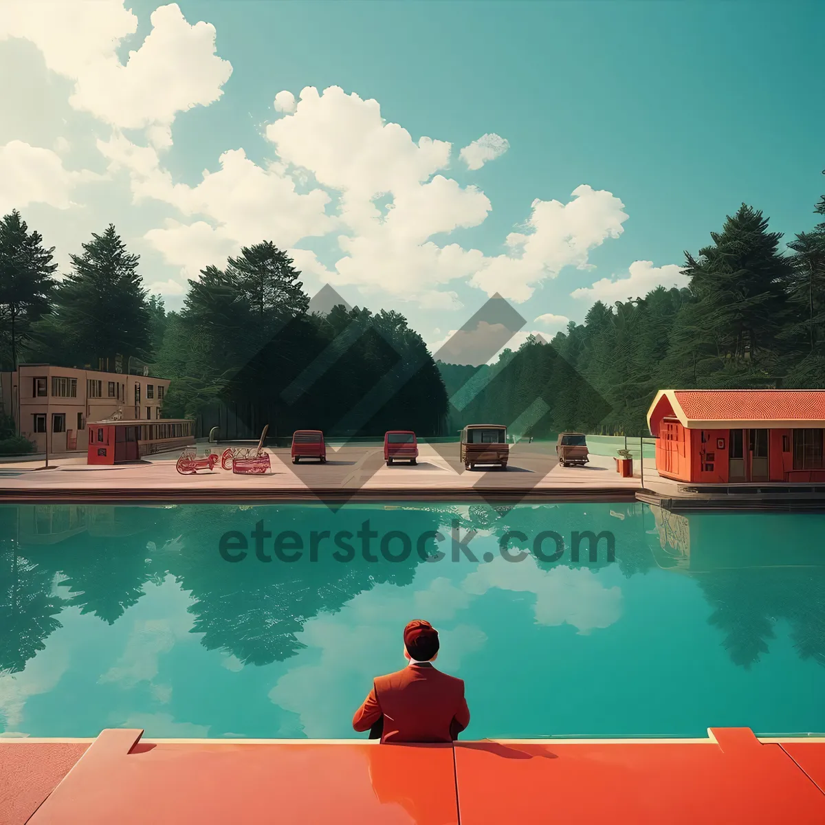 Picture of City skyline with boathouse on serene river.