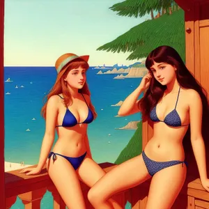 Sultry beach babe in seductive swimwear catches waves.