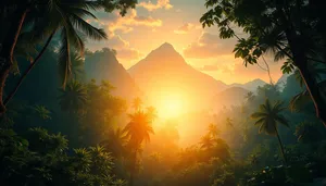 Silhouette palm tree at mystical sunset beach landscape