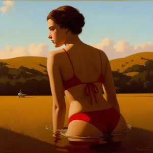 Stunning model in beachwear enjoying golden sunset