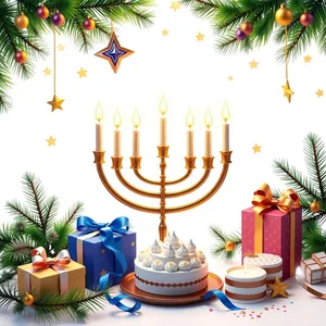 Festive holiday tree with gold menorah and candles