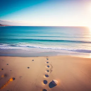 Turquoise Bliss: Serene Beachscape Under Sunlit Sky