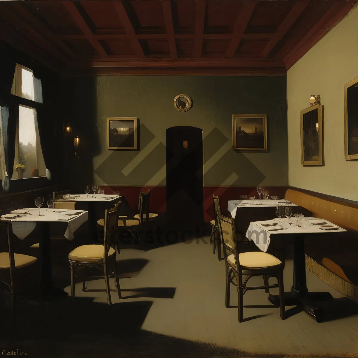 Picture of Modern interior design of a restaurant with wooden furniture