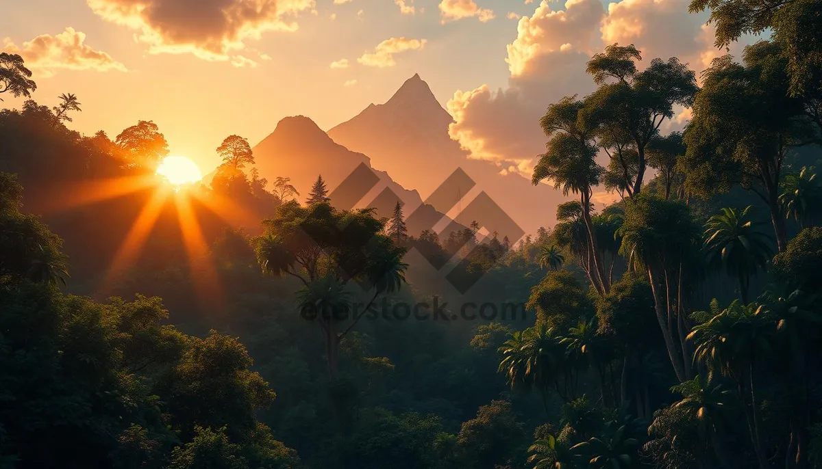 Picture of Mountain silhouette at sunset with starry sky.
