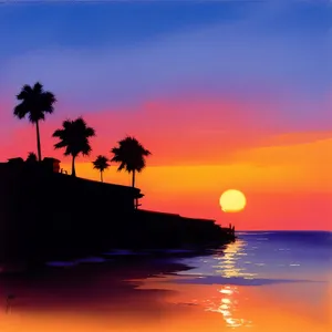 Tropical sunset over tranquil beach, silhouette palm tree horizon