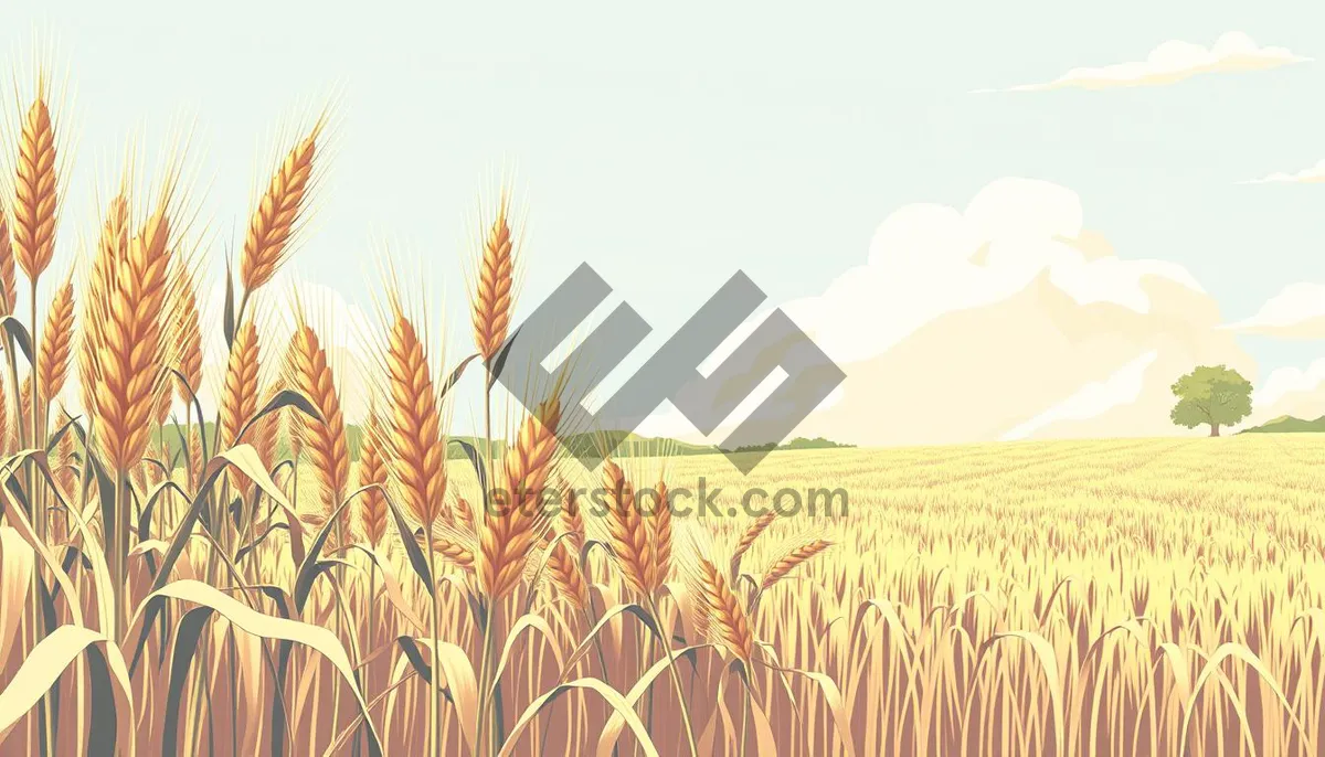 Picture of Golden Wheat Field Under Sunny Sky with Fluffy Clouds