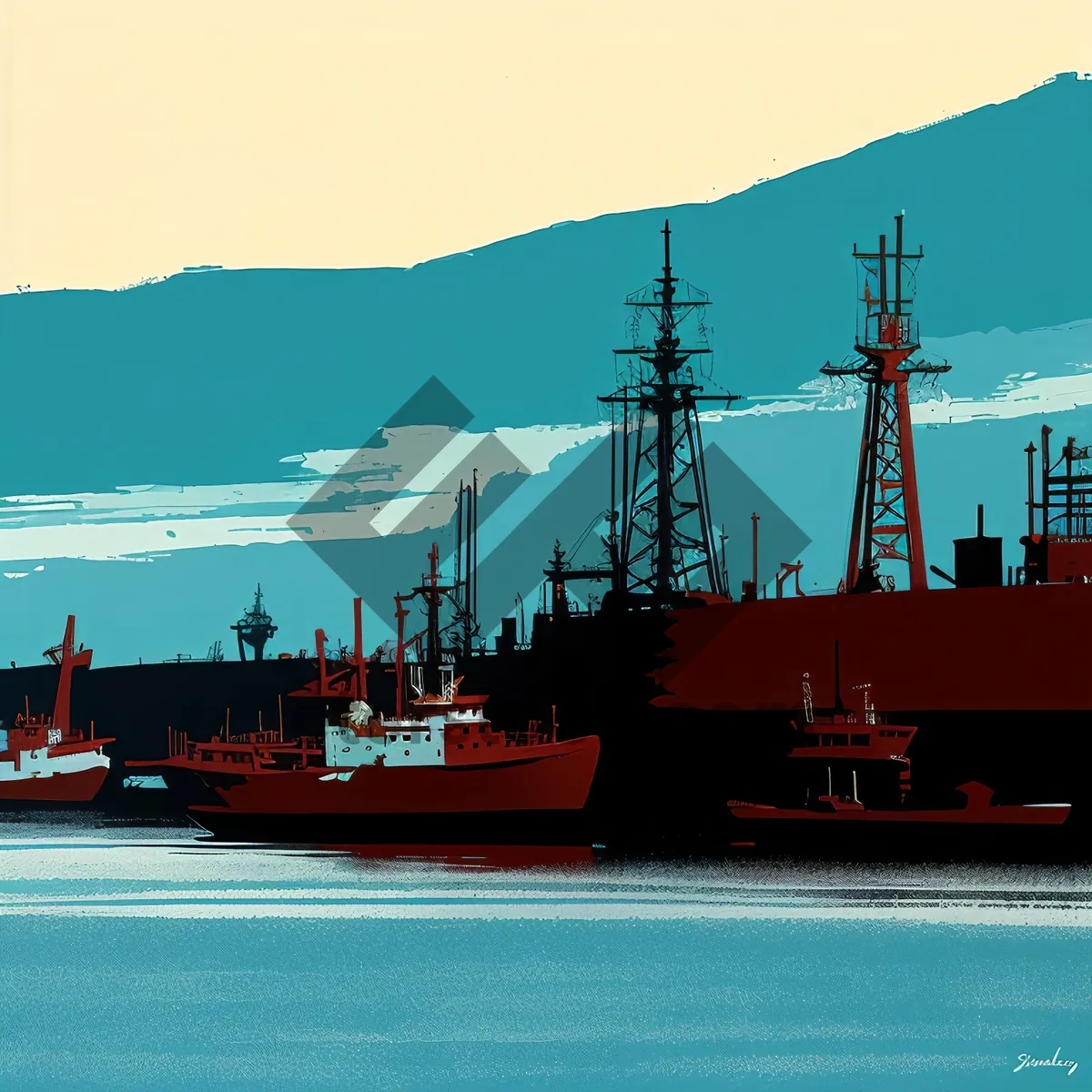 Picture of Busy port with cargo ships and tugboats