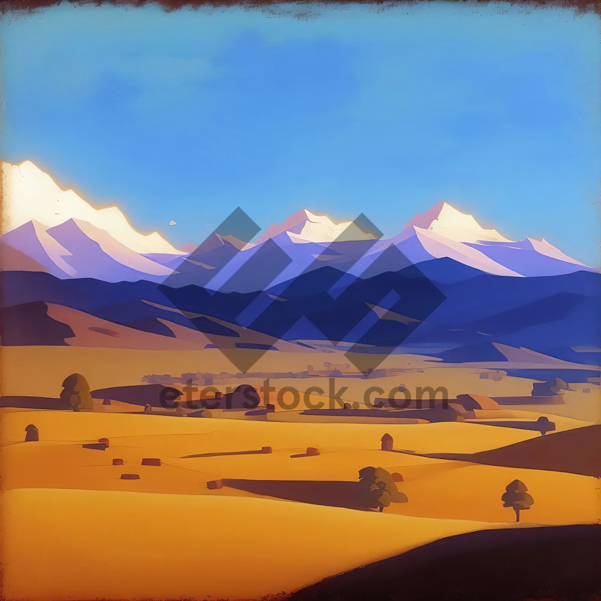 Picture of Desert sunset over mountain range silhouette