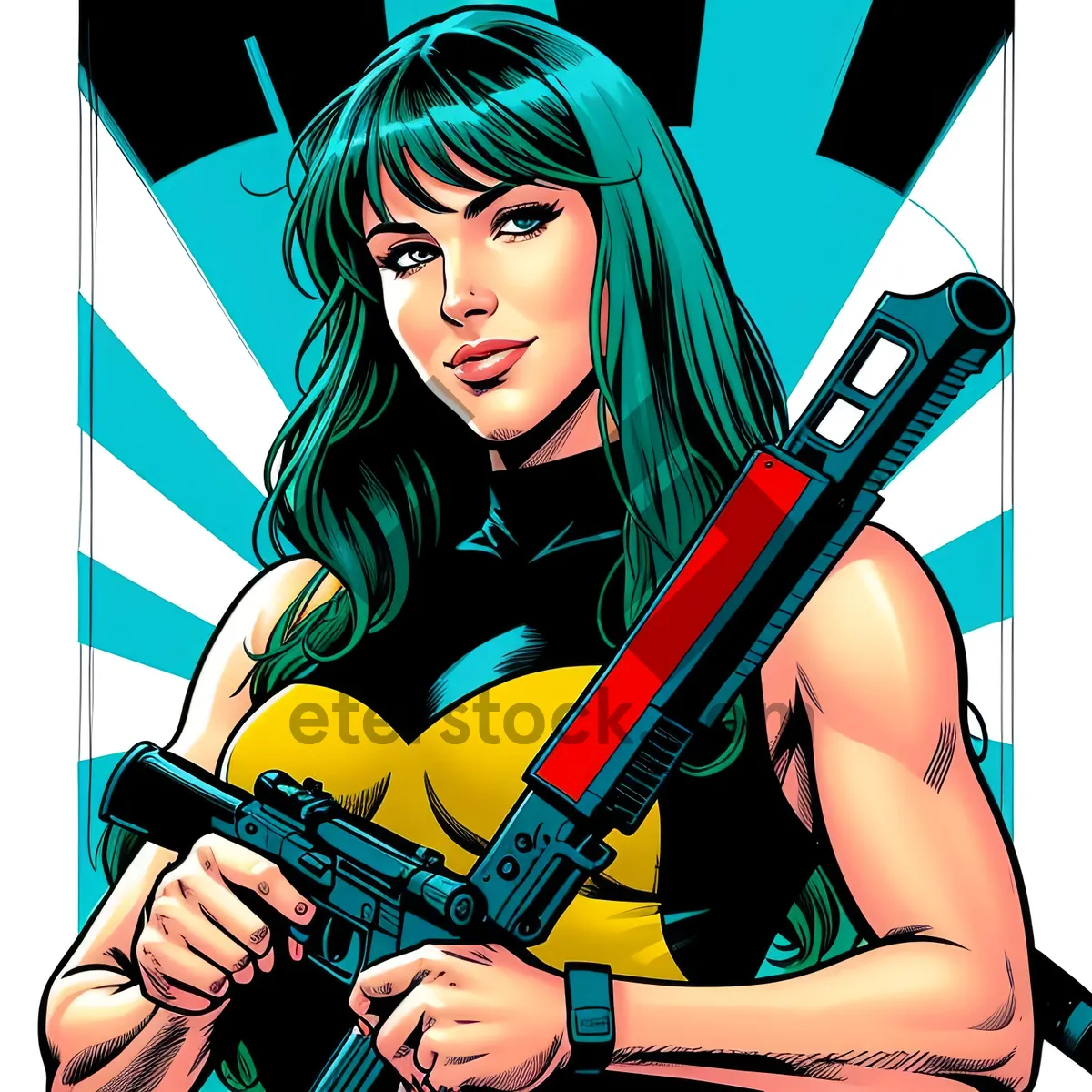 Picture of Comic book-inspired fashion artwork featuring a stylish adult with a bass