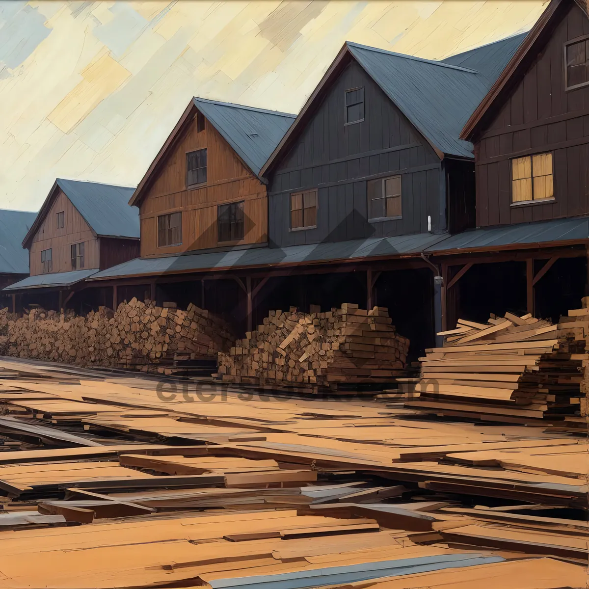 Picture of Old factory building with tiled roof against blue sky