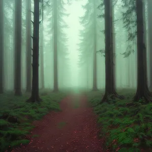 Misty Autumn Path through Sunlit Woods