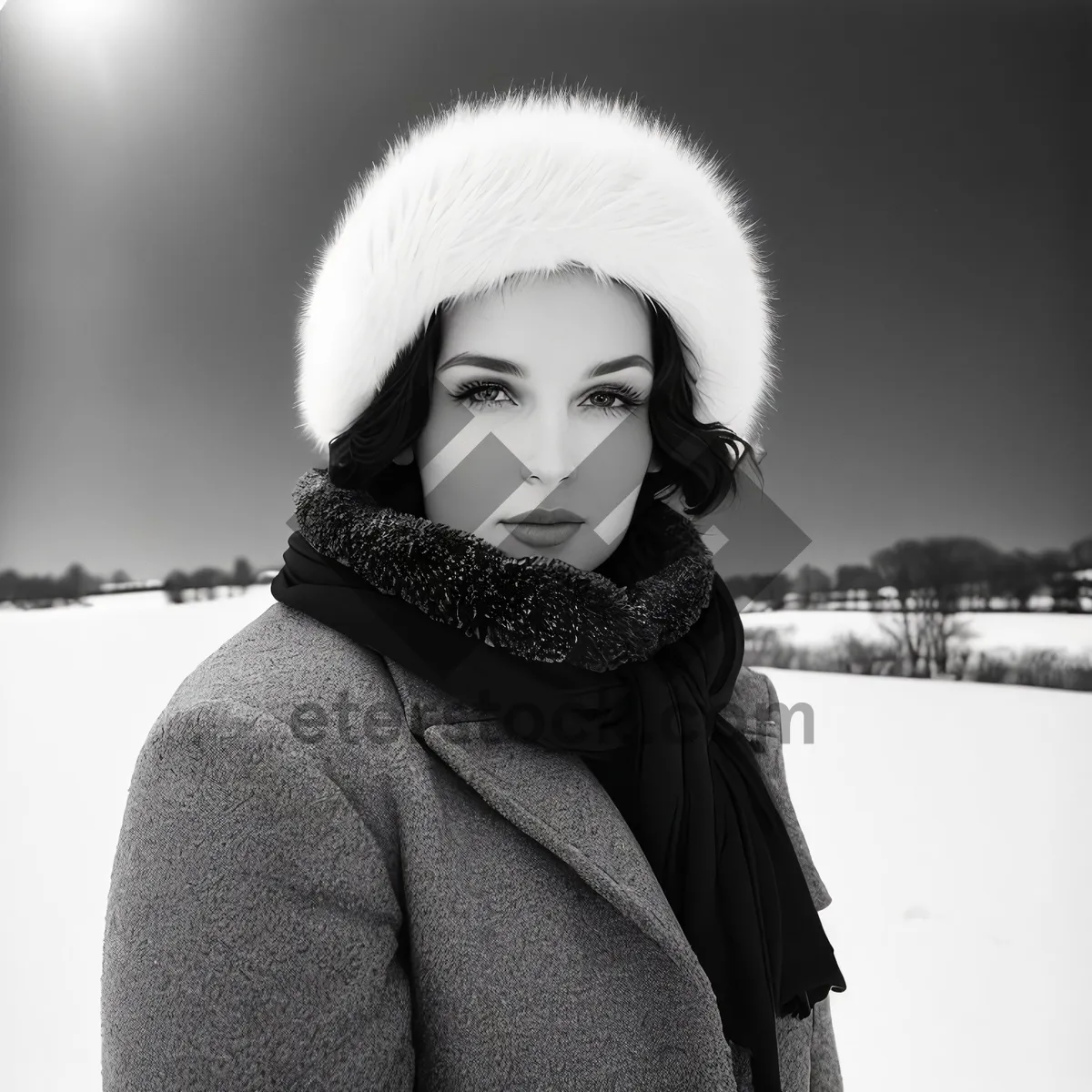 Picture of Happy Lady in Fashionable Winter Hat and Scarf