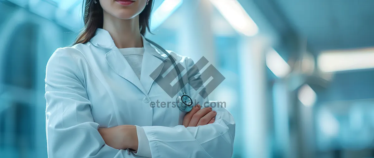 Picture of Smiling female doctor in medical office with stethoscope