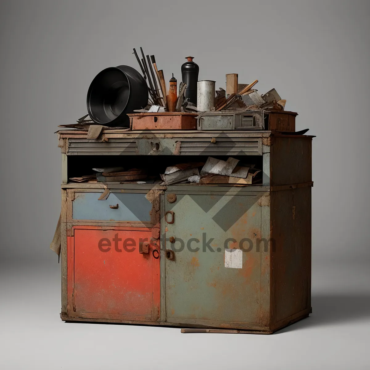 Picture of Vintage wooden treasure chest with gramophone and records.