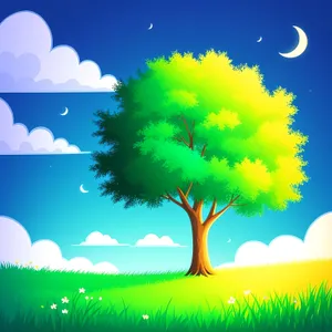 Sunny Meadow Landscape with Dandelion and Oak Tree