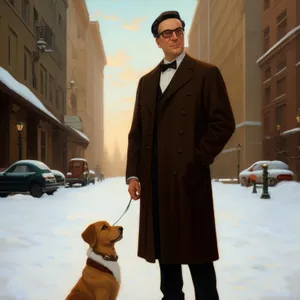 Successful Businessman Smiling in Professional Attire with Dog