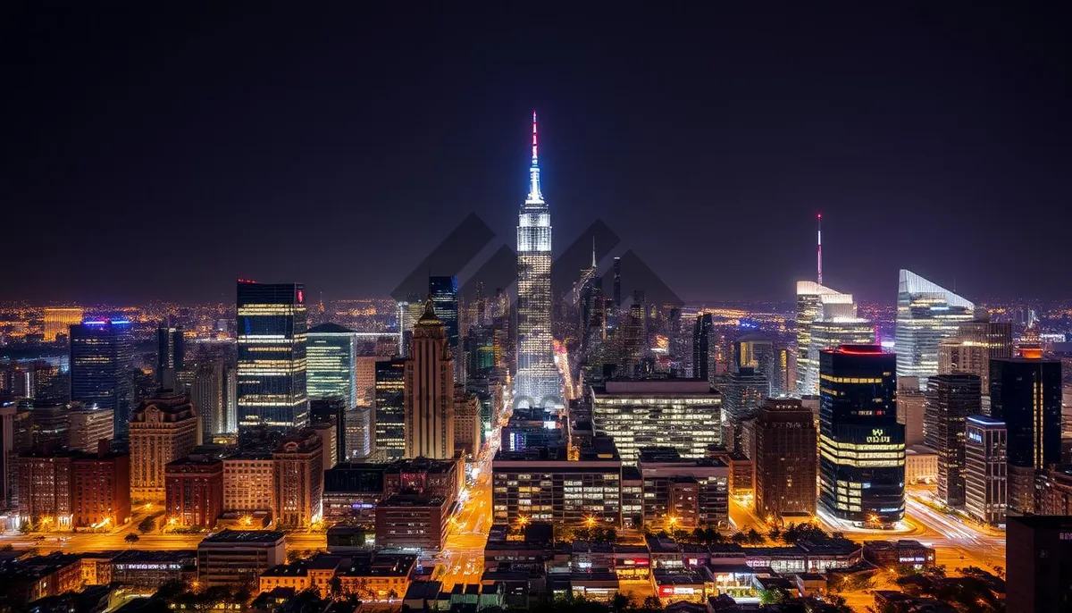 Picture of Modern city skyline at dusk overlooking river and bridge.