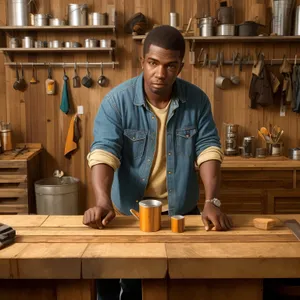 Smiling Male Carpenter with Marimba Musical Instrument in Kitchen