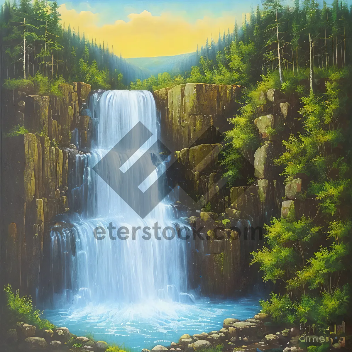 Picture of Serene Cascading Waters in Majestic Mountain Landscape