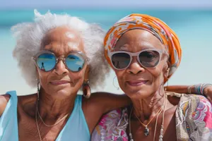 Smiling male couple at the beach in sunglasses