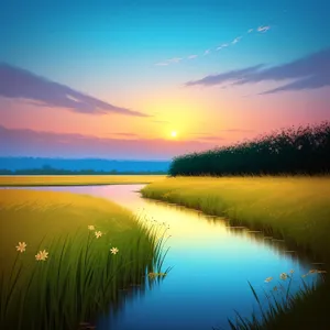 Golden Horizons: Serene Sunset Reflection over Lakeside Landscape.