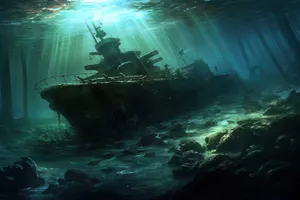 Sunken Shipwreck in Tropical Coral Reef under Sunlight.