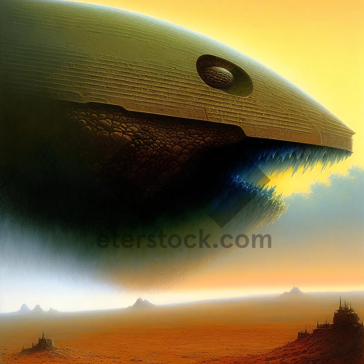 Picture of Sunset Skyline by the Sea: Airship Over Water