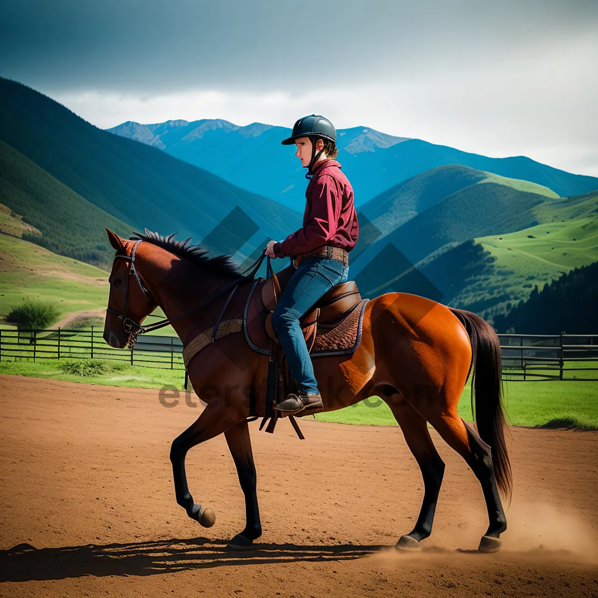 Picture of Equestrian Trainer Riding Thoroughbred Horse in Field