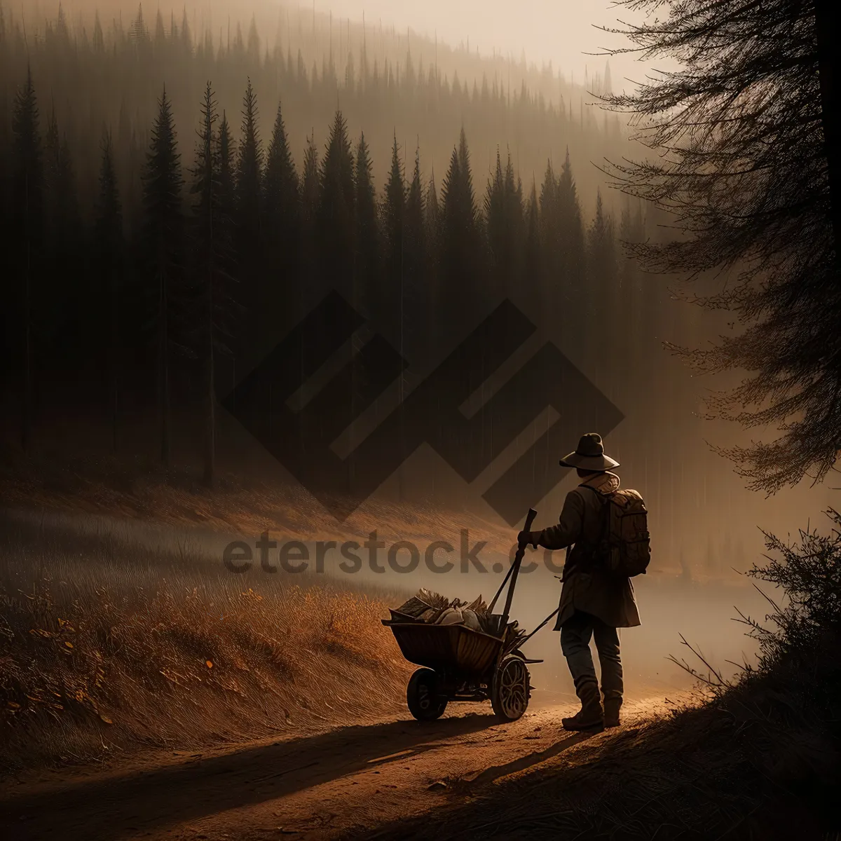 Picture of Silhouetted Tricycle Cart Man in Sunset Sky