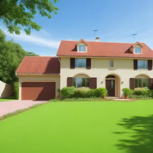 Modern villa with tile roof in suburban neighborhood.