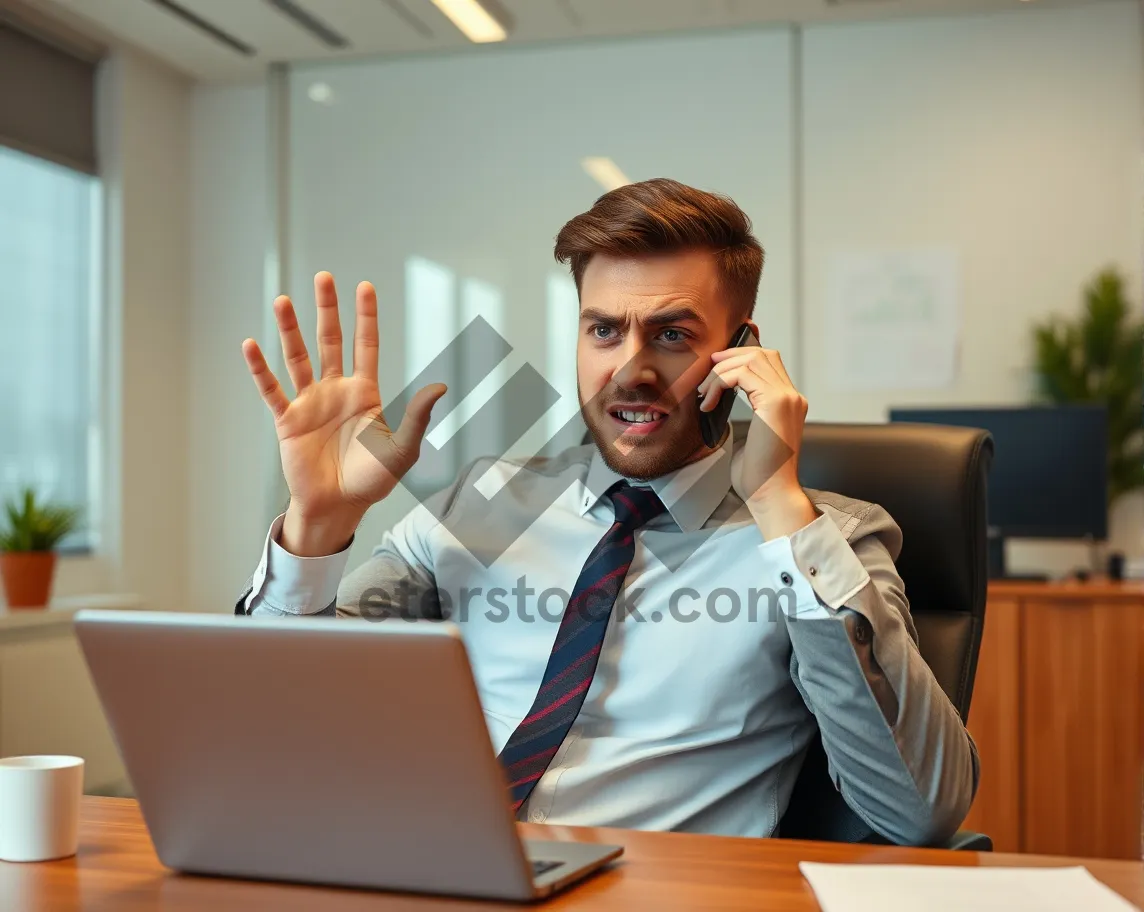 Picture of Happy male businessman working on laptop in office