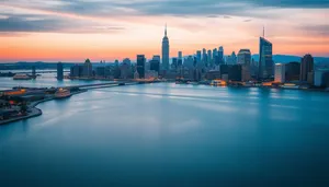 Modern Business District Skyline at Evening Sunset