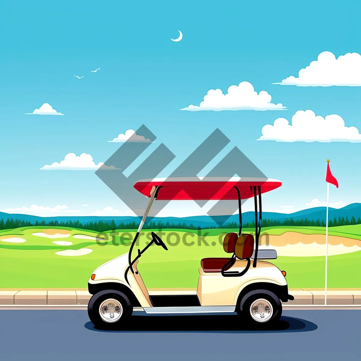 Picture of Golfer Driving on Green Grass with Golf Cart