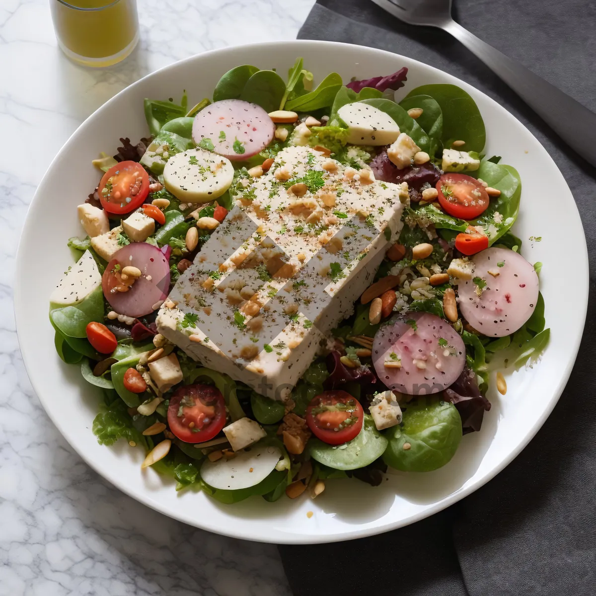 Picture of Delicious gourmet salad with fresh vegetables and cheese