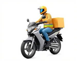 Cartoon motorbike rider in helmet speeding on road.