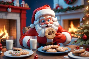 Santa Claus eating cookies and drinking milk on Christmas night. 3d rendering.