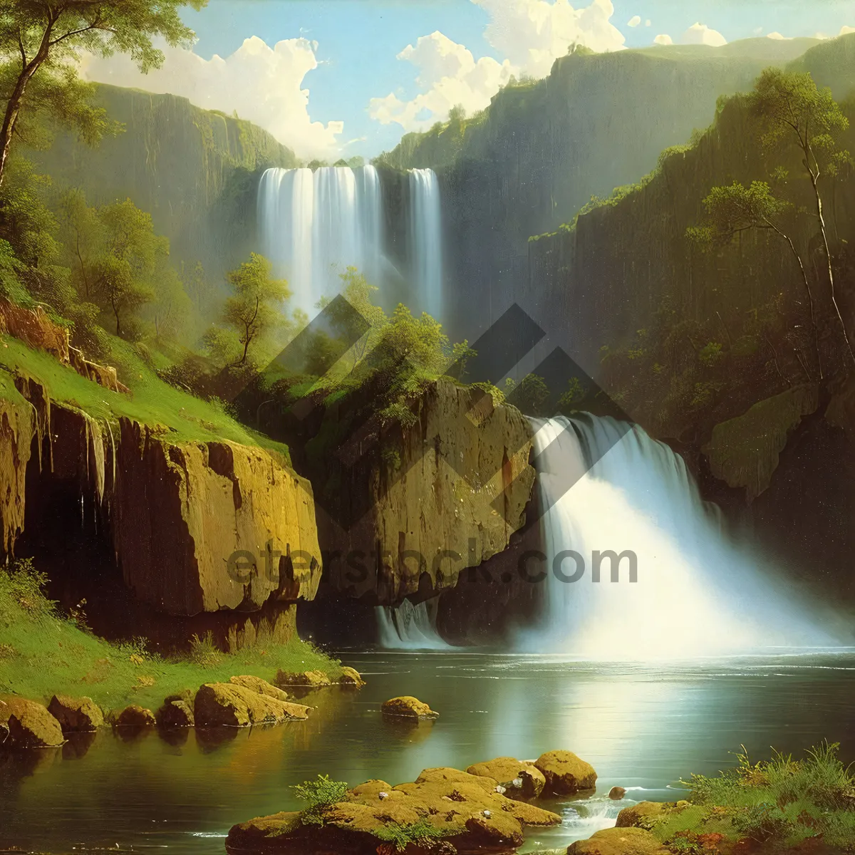 Picture of Majestic Mountain Waterfall Surrounded by Lush Forest