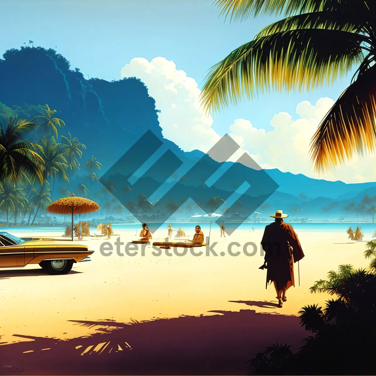Picture of Tropical sunset silhouette by the beach at bay