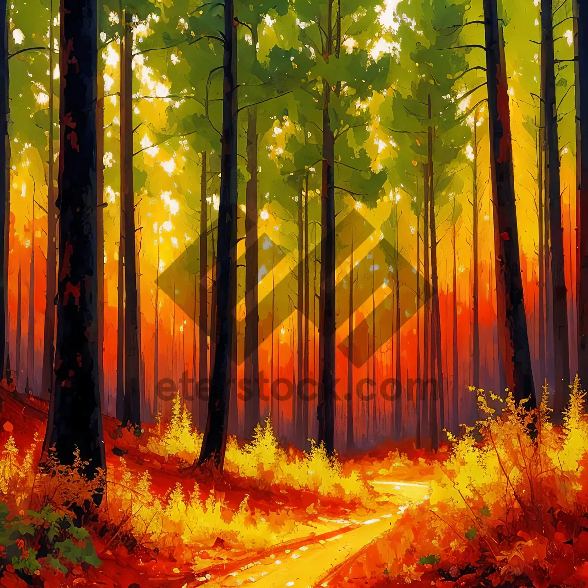Picture of Autumn Sunlit Forest: Foliage Blankets the Woods