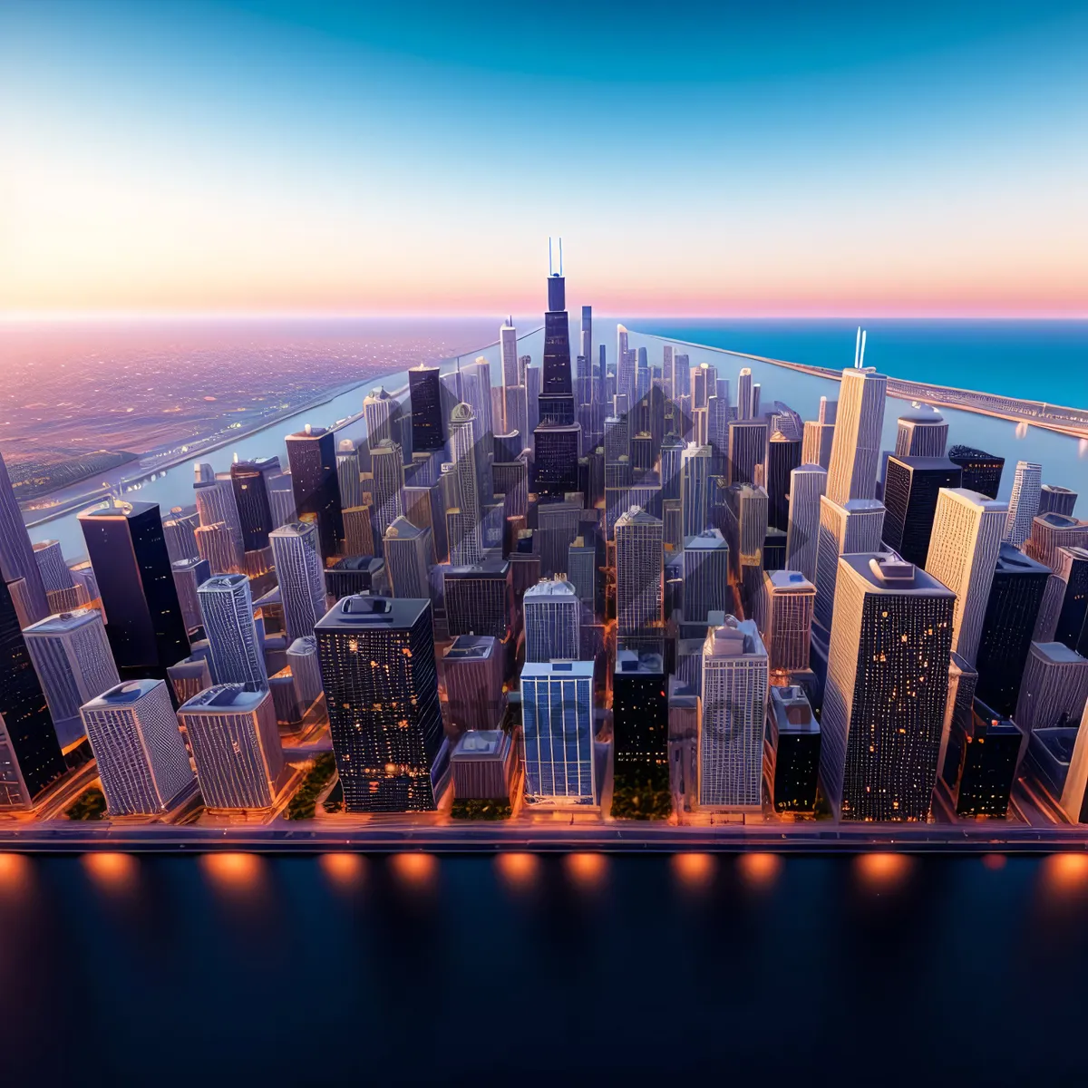 Picture of Nighttime Skyline Reflecting on Water: Modern Metropolis